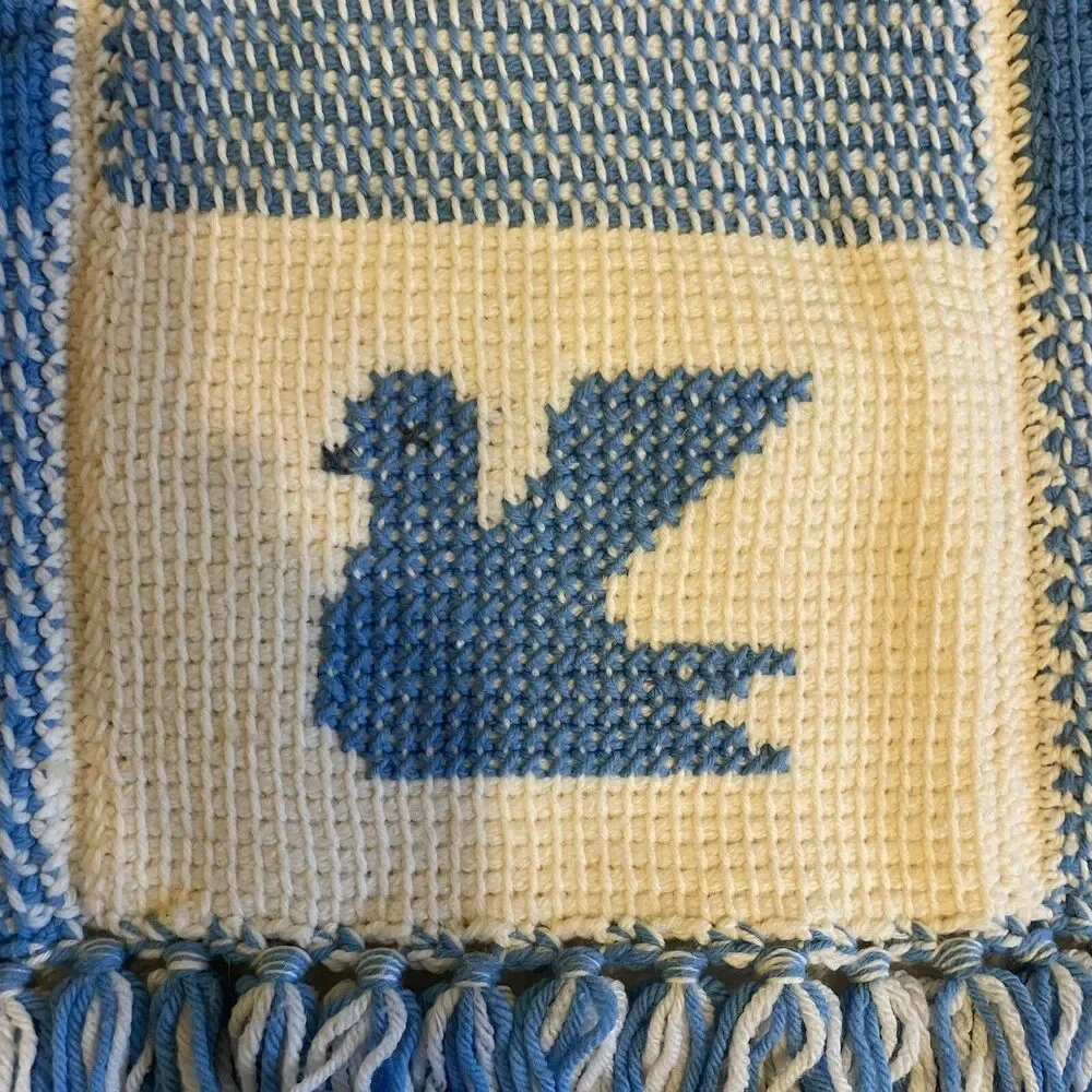 Handmade Crocheted Granny Square Bird Afghan Throw Lap Blanket Blue Cream 46x64”